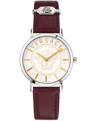 Versace - Accessoires ,Grijs ,Essential Rood/Zilver Leren Horloge - Lyst