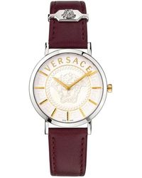 Versace - Accessoires ,Grijs ,Essential Rood/Zilver Leren Horloge - Lyst
