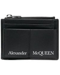McQueen - Accessoires ,Zwart ,Leer Zwarte Leren Portemonnee Met Logo Print Kaarthouder - Lyst