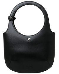 Courreges - Tassen ,Zwart ,Leer Zwarte Leren Handtas Met Metalen Logo - Lyst