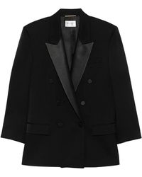 Saint Laurent - Jassen ,Zwart ,Katoen Dubbelrijige Blazer Met Piek Revers - Lyst