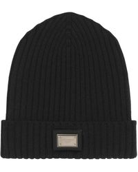 Dolce & Gabbana - Accessoires ,Zwart ,Wol Gebreide Muts Met Logoplaat - Lyst