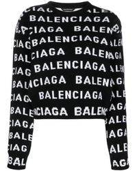 Balenciaga - Truien & Vesten ,Zwart ,Wol Intarsia-Knit Logo Wollen Trui - Lyst