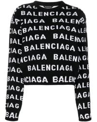 Balenciaga - Truien & Vesten ,Zwart ,Wol Intarsia-Knit Logo Wollen Trui - Lyst