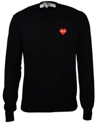 Comme des Garçons - Schwarzer woll v-ausschnitt pullover mit rotem herzemblem - Lyst