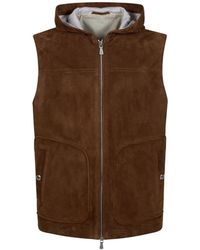 Eleventy - Jassen ,Bruin ,Leer Hooded Gilet - Lyst