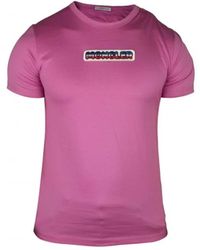 Moncler - Magliette rosa in cotone con logo ricamato - Lyst