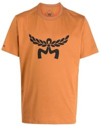 MCM - T-shirt cognac marrone con stampa logo - Lyst
