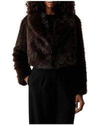 Twinset - Jassen ,Bruin ,Polyester Cropped Imitatiebont Jas Met Sjaalkraag - Lyst