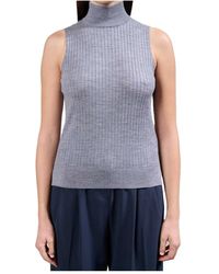 Kaos - Truien & Vesten ,Grijs ,Wol Mouwloze Geribbelde Wollen Top Met Col - Lyst