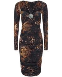 Roberto Cavalli - Kleedjes ,Bruin ,Midi Jurk Met Jaguar Print - Lyst