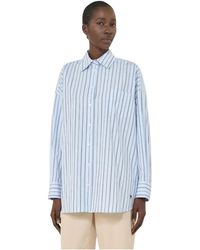 Weekend by Maxmara - Lange Oversized Gestreepte Katoenen Poplin Blouse Met Borstzak En Vlinderborduurwerk - Lyst
