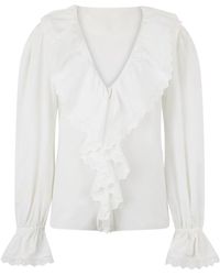 Alberta Ferretti - Overhemden ,Wit ,Katoen Blouse Met V-Hals Van Katoenpoplin - Lyst