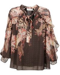 Zimmermann - Blumige Bluse Mit V-Ausschnitt Und Rüschen - Lyst