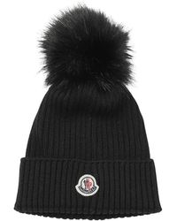 Moncler - Accessoires ,Zwart ,Wol Wollen Beanie Met Logo - Lyst