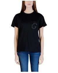 Guess - Tops ,Zwart ,Katoen T-Shirt Met Korte Mouwen En Ronde Hals Met Één Zak - Lyst