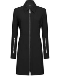 Dondup - Kleedjes ,Zwart ,Polyester Slim-Fit Korte Jurk Met Rits Aan De Voorkant - Lyst