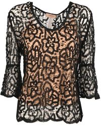 Twinset - Overhemden ,Zwart ,Polyester Kanten Blouse Met Wijde Zoom - Lyst