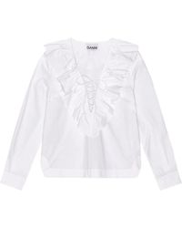 Ganni - Camisa blanca de algodón orgánico con cuello de volantes - Lyst