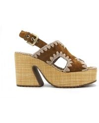 Mou - Wildleder Plateau Sandalen Mit Raffia Riemen - Lyst