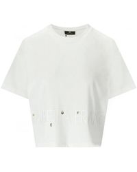Elisabetta Franchi - Camiseta corta de jersey de algodón ligero con logo bordado y adornos de metal dorado - Lyst