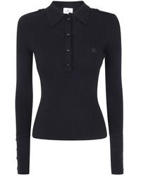 Courreges - Truien & Vesten ,Zwart ,Polyester Polo Trui Met Ronde Hals En Ribstructuur - Lyst