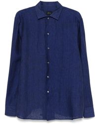 Brioni - Overhemden ,Blauw ,Linnen Linnen Overhemd Met Kraag - Lyst