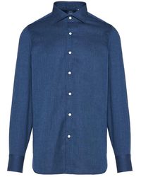 Finamore 1925 - Overhemden ,Blauw ,Katoen Italiaans Katoen Kasjmier Shirt - Lyst