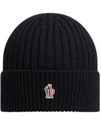 Moncler - Accessoires ,Zwart ,Wol Ribgebreide Wollen Beanie Zwart - Lyst