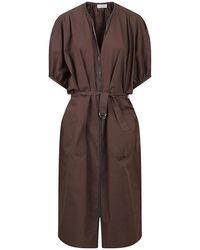 Brunello Cucinelli - Bruine Katoenen Poplin Jurk Met V-Hals - Lyst