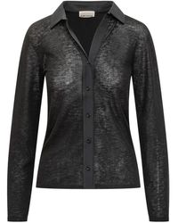 Semicouture - Overhemden ,Zwart ,Wol Cardigan Met Overhemdkraag En Semi-Transparante Stof - Lyst