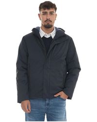 EA7 - Jassen ,Blauw ,Polyester Gewatteerde Jas Met Capuchon En Rits - Lyst