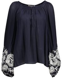 Kocca - Blauwe Geborduurde Blouse Met Lange Mouwen - Lyst