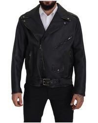 Dolce & Gabbana - Jassen ,Zwart ,Leer Elegante Zwarte Leren Motorjack - Lyst