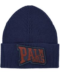 Palm Angels - Marineblaue rippstrick-beanie mit logo-stickerei - Lyst