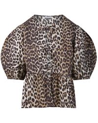 Ganni - Overhemden ,Bruin ,Katoen Gedrukte Katoenen Popeline Blouse Met Peplum - Lyst