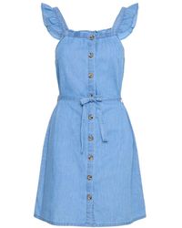 Ichi - Hellblaues Chambray-Kleid Mit Rüschen-Trägern - Lyst