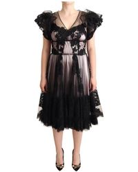 Dolce & Gabbana - Schwarz-Rosa-Blumenspitze A-Linien-Midi-Sheer-Kleid - Lyst