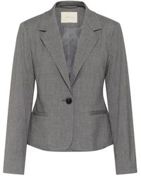Kaffe - Jassen ,Grijs ,Polyester Gestreepte Grijze Blazer Met V-Hals - Lyst