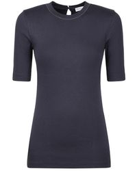 Brunello Cucinelli - Tops ,Blauw ,Katoen Ribgebreide T-Shirt Met Ronde Hals - Lyst