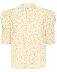 Ichi - Overhemden ,Veelkleurig ,Katoen Gele Bloemenblouse Met Pofmouwen - Lyst