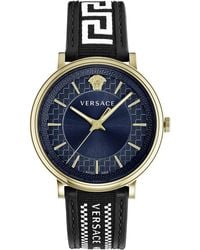 Versace - Accessoires ,Geel ,V-Circle Blauw Wijzerplaat Goud Horloge - Lyst