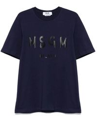 MSGM - Blaues baumwoll-t-shirt mit logoaufdruck - Lyst