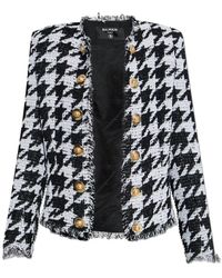 Balmain - Jassen ,Zwart ,Leer Blazer Met Pied-De-Poule Patroon - Lyst
