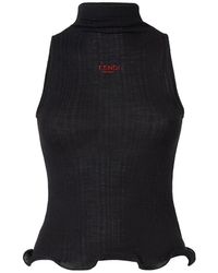 Fendi - Geribbelde Mouwloze Top Met Opstaande Kraag En Rucheszoom - Lyst