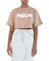 MSGM - T-shirt crop con stampa logo pennellato - Lyst