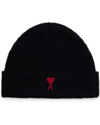 Ami Paris - Cappello nero a coste in maglia con ricamo del logo - Lyst