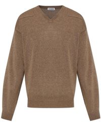 Jil Sander - Truien & Vesten ,Bruin ,Wol Wollen V-Hals Trui - Lyst