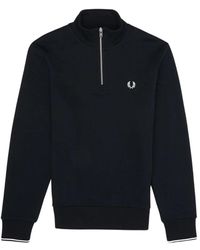 Fred Perry - Hoodies & Sweatvesten ,Blauw ,Katoen Half Zip Sweatshirt Met Strepen Op De Rug - Lyst