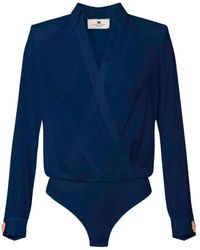 Elisabetta Franchi - Georgette jacquard lettering cross-neck shirt - Lyst